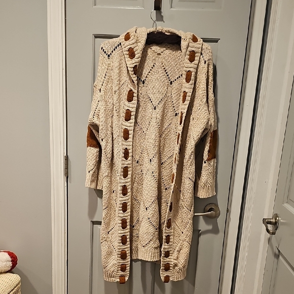 Vintage Sweaters - Vintage 80s Crochet Cardigan Long Cream Brown Knit Bohemian Large Retro Patches